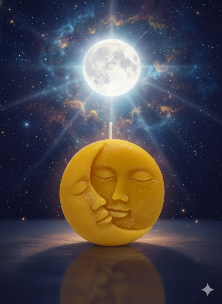 fusion essence celestial harmony soya wax candle | handcrafted moon & sun sculpture candle for home décor, meditation, spiritual ambience & unique gifting 🌙✨🕯️