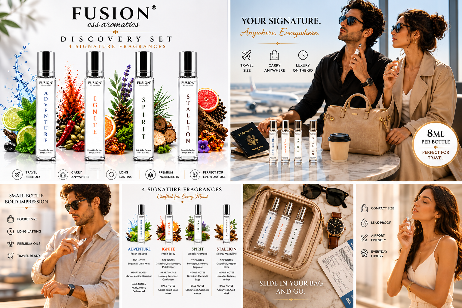 fusion essence fresh drive travel collection | 4 x 8ml extrait de parfum for men & women | long lasting pocket perfume collection fusion essence fresh drive travel collection | 4 x 8ml extrait de parfum for men & women | long lasting pocket perfume collection