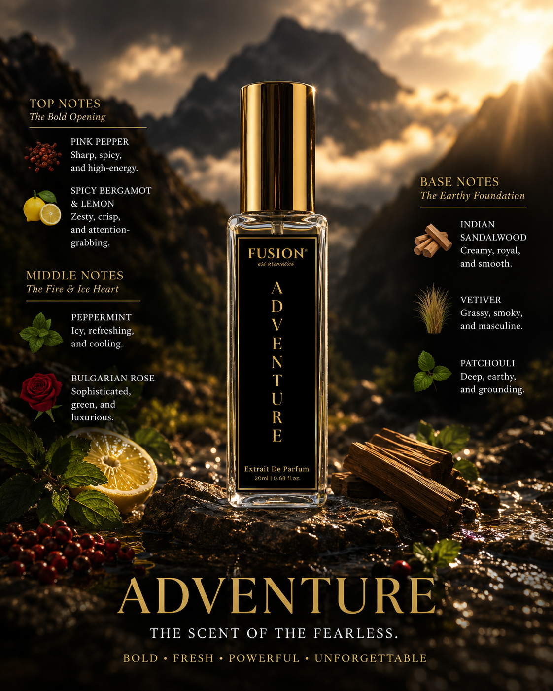 fusion essence adventure extrait de parfum for men | long lasting woody spicy perfume | pink pepper, bergamot, sandalwood & vetiver fusion essence adventure extrait de parfum for men | long lasting woody spicy perfume | pink pepper, bergamot, sandalwood & vetiver