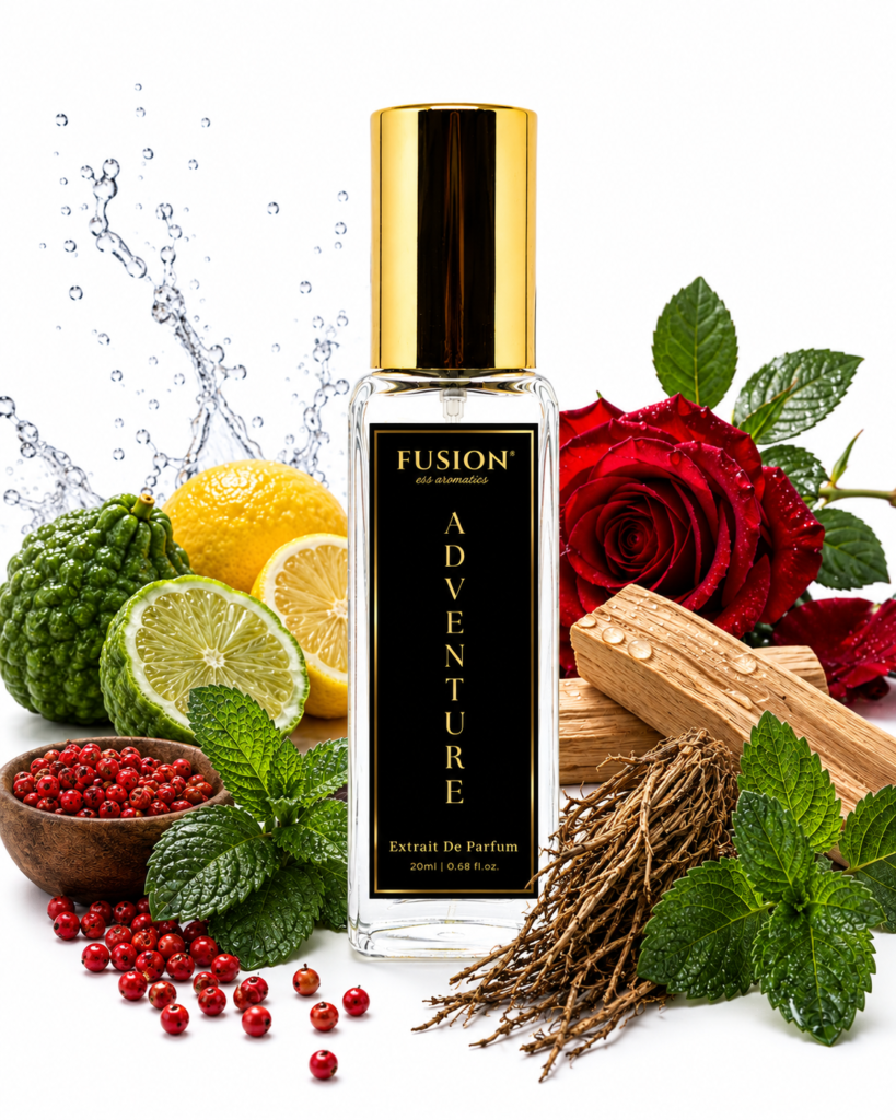 fusion essence adventure extrait de parfum for men | long lasting woody spicy perfume | pink pepper, bergamot, sandalwood & vetiver