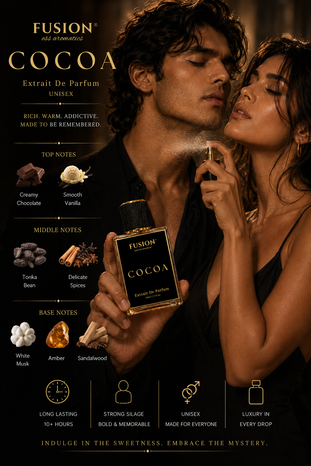 fusion essence cocoa extrait de parfum unisex | long lasting oriental gourmand fragrance | chocolate, vanilla, tonka bean, amber & sandalwood notes fusion essence cocoa extrait de parfum unisex | long lasting oriental gourmand fragrance | chocolate, vanilla, tonka bean, amber & sandalwood notes