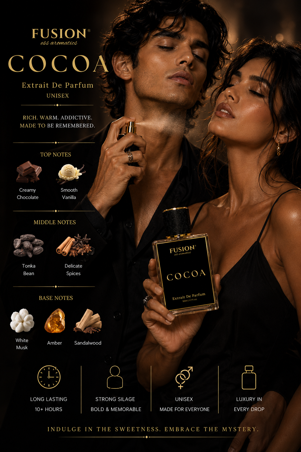fusion essence cocoa extrait de parfum unisex | long lasting oriental gourmand fragrance | chocolate, vanilla, tonka bean, amber & sandalwood notes fusion essence cocoa extrait de parfum unisex | long lasting oriental gourmand fragrance | chocolate, vanilla, tonka bean, amber & sandalwood notes