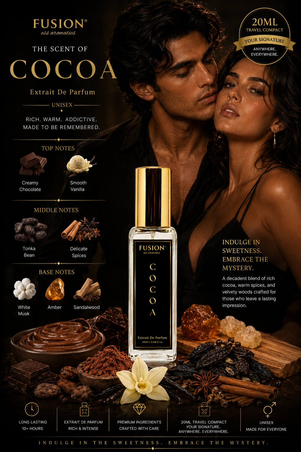 fusion essence cocoa extrait de parfum unisex | long lasting oriental gourmand fragrance | chocolate, vanilla, tonka bean, amber & sandalwood notes fusion essence cocoa extrait de parfum unisex | long lasting oriental gourmand fragrance | chocolate, vanilla, tonka bean, amber & sandalwood notes