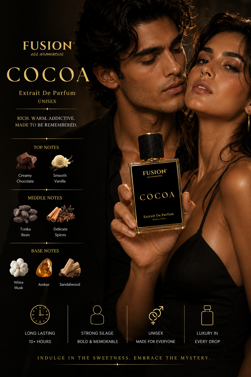 fusion essence cocoa extrait de parfum unisex | long lasting oriental gourmand fragrance | chocolate, vanilla, tonka bean, amber & sandalwood notes fusion essence cocoa extrait de parfum unisex | long lasting oriental gourmand fragrance | chocolate, vanilla, tonka bean, amber & sandalwood notes