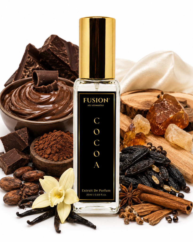 fusion essence cocoa extrait de parfum unisex | long lasting oriental gourmand fragrance | chocolate, vanilla, tonka bean, amber & sandalwood notes