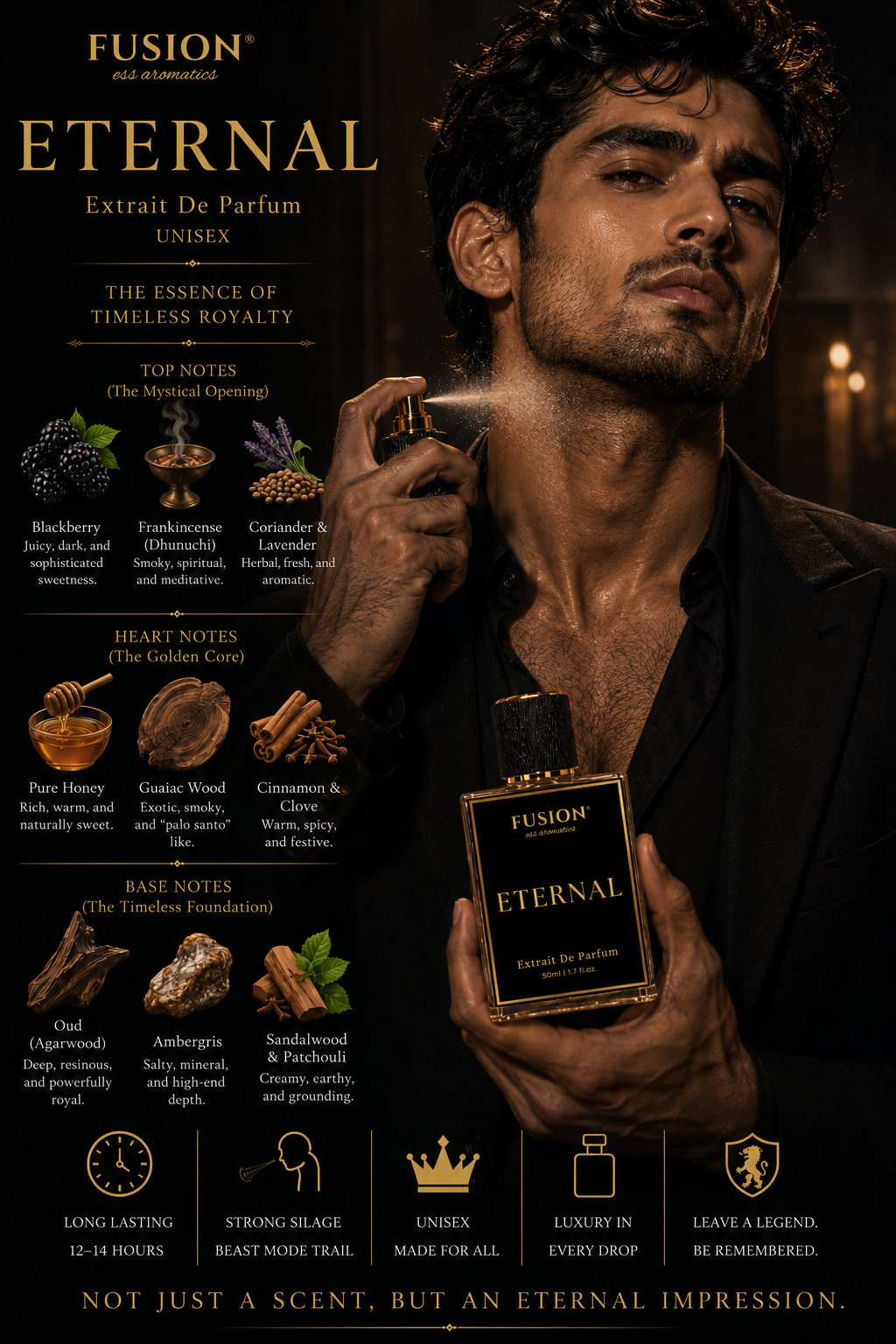 fusion essence eternal extrait de parfum unisex | long lasting oud woody oriental fragrance | blackberry, frankincense, honey, oud & ambergris notes fusion essence eternal extrait de parfum unisex | long lasting oud woody oriental fragrance | blackberry, frankincense, honey, oud & ambergris notes