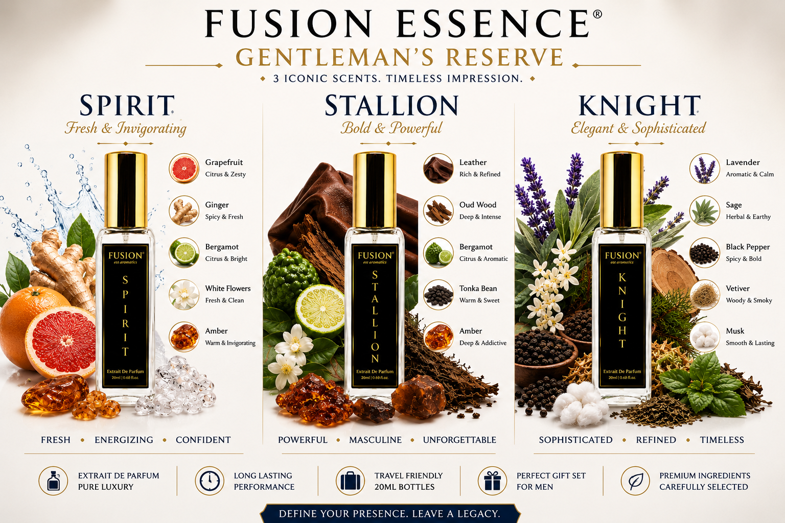 fusion essence gentleman's reserve perfume set for men | 3 x 20ml extrait de parfum | long lasting luxury fragrance gift collection | stallion, knight & spirit fusion essence gentleman's reserve perfume set for men | 3 x 20ml extrait de parfum | long lasting luxury fragrance gift collection | stallion, knight & spirit