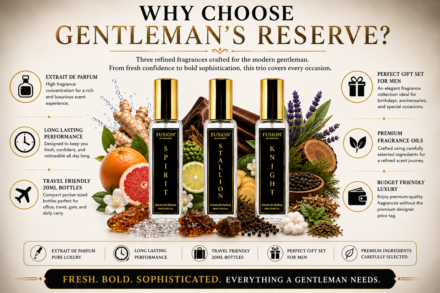 fusion essence gentleman's reserve perfume set for men | 3 x 20ml extrait de parfum | long lasting luxury fragrance gift collection | stallion, knight & spirit fusion essence gentleman's reserve perfume set for men | 3 x 20ml extrait de parfum | long lasting luxury fragrance gift collection | stallion, knight & spirit