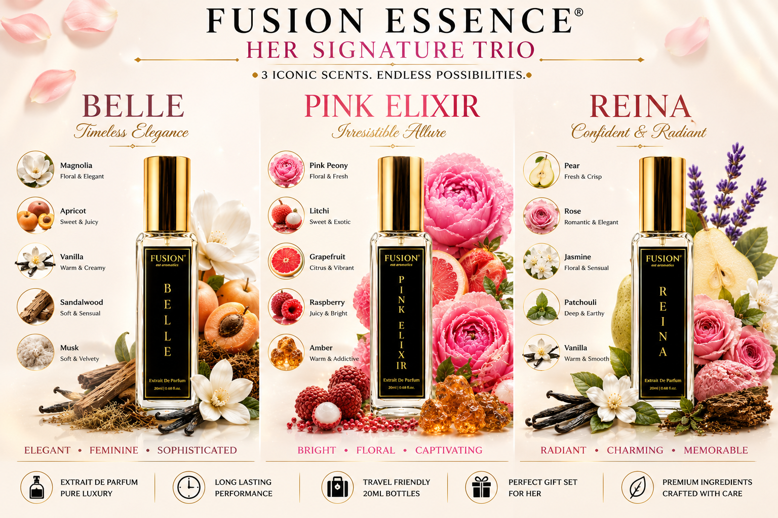 her signature trio fusion essence her signature trio perfume set for women | 3 x 20ml extrait de parfum | long lasting luxury perfume gift collection | pink elixir, belle & reina her signature trio fusion essence her signature trio perfume set for women | 3 x 20ml extrait de parfum | long lasting luxury perfume gift collection | pink elixir, belle & reina