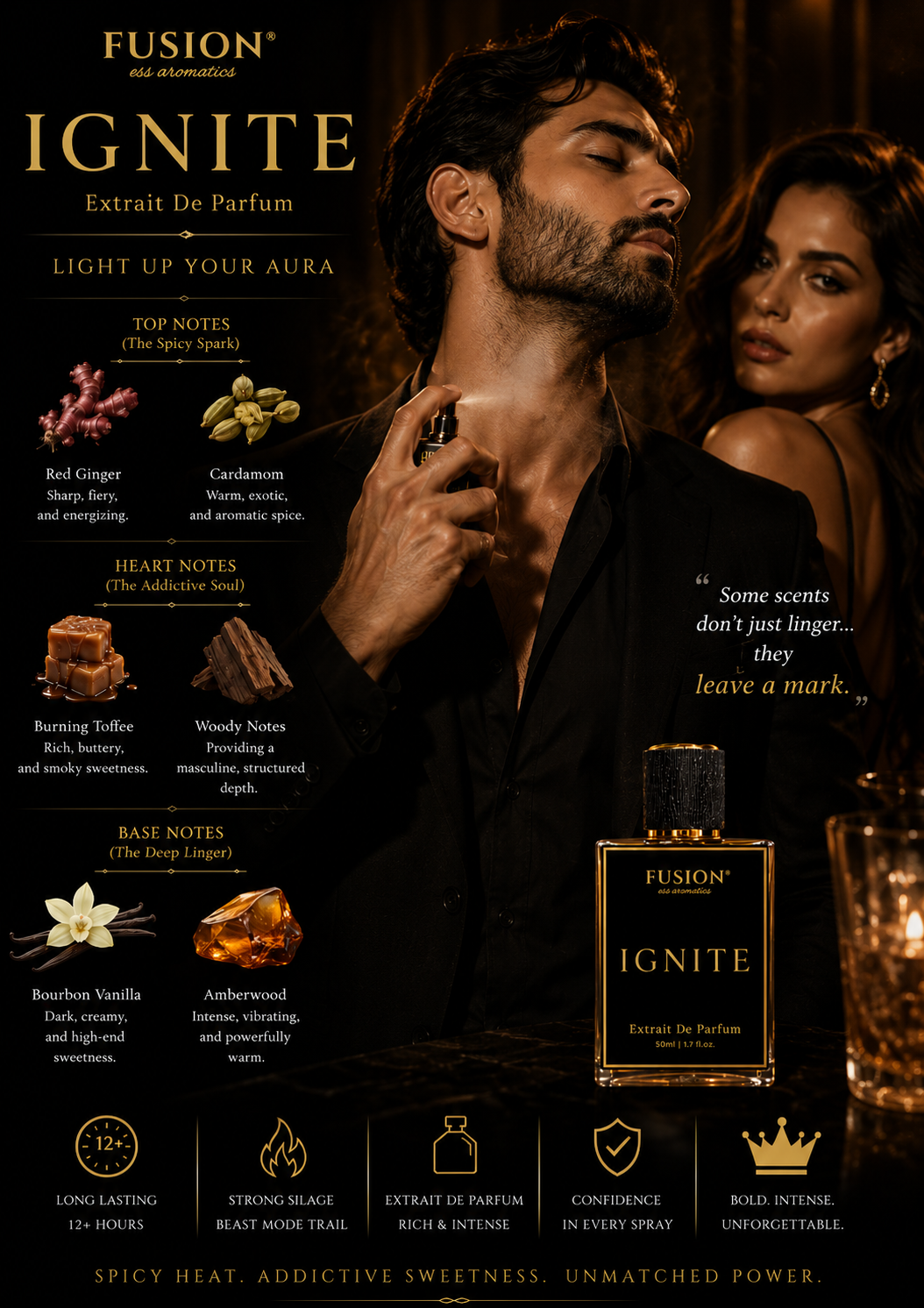 fusion essence ignite extrait de parfum unisex | long lasting oriental gourmand fragrance | red ginger, cardamom, burning toffee, bourbon vanilla & amberwood notes fusion essence ignite extrait de parfum unisex | long lasting oriental gourmand fragrance | red ginger, cardamom, burning toffee, bourbon vanilla & amberwood notes