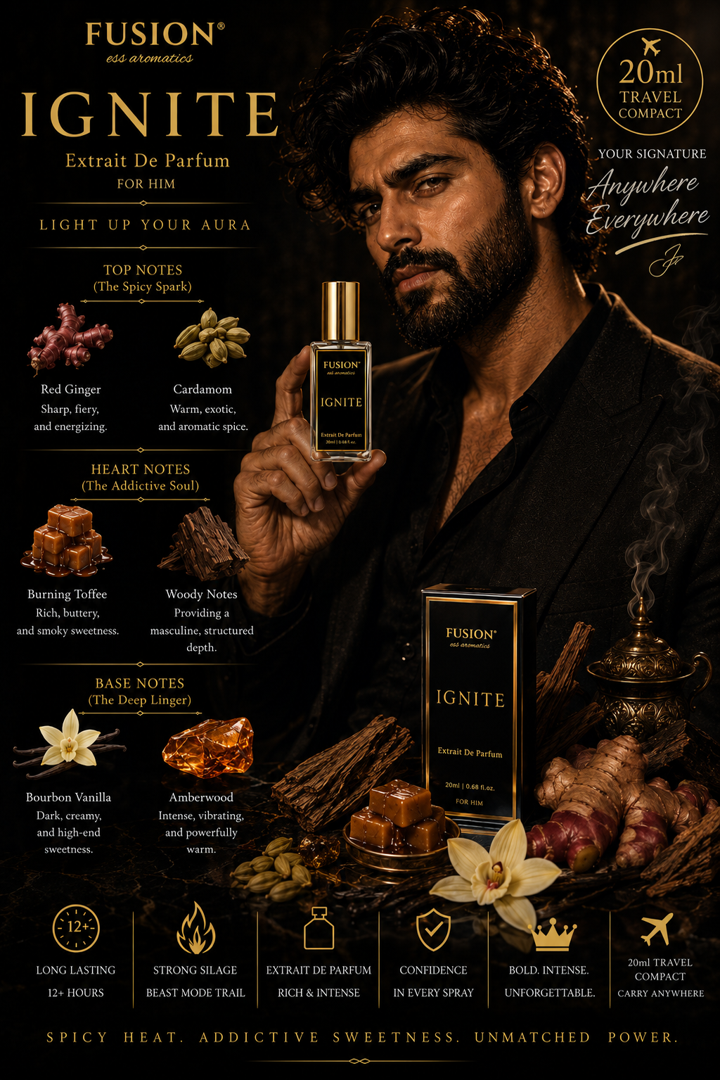fusion essence ignite extrait de parfum unisex | long lasting oriental gourmand fragrance | red ginger, cardamom, burning toffee, bourbon vanilla & amberwood notes fusion essence ignite extrait de parfum unisex | long lasting oriental gourmand fragrance | red ginger, cardamom, burning toffee, bourbon vanilla & amberwood notes