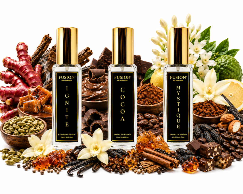fusion essence midnight trio perfume set for men & women | 3 x 20ml extrait de parfum | warm & seductive long lasting fragrance collection | ignite, cocoa & mystique