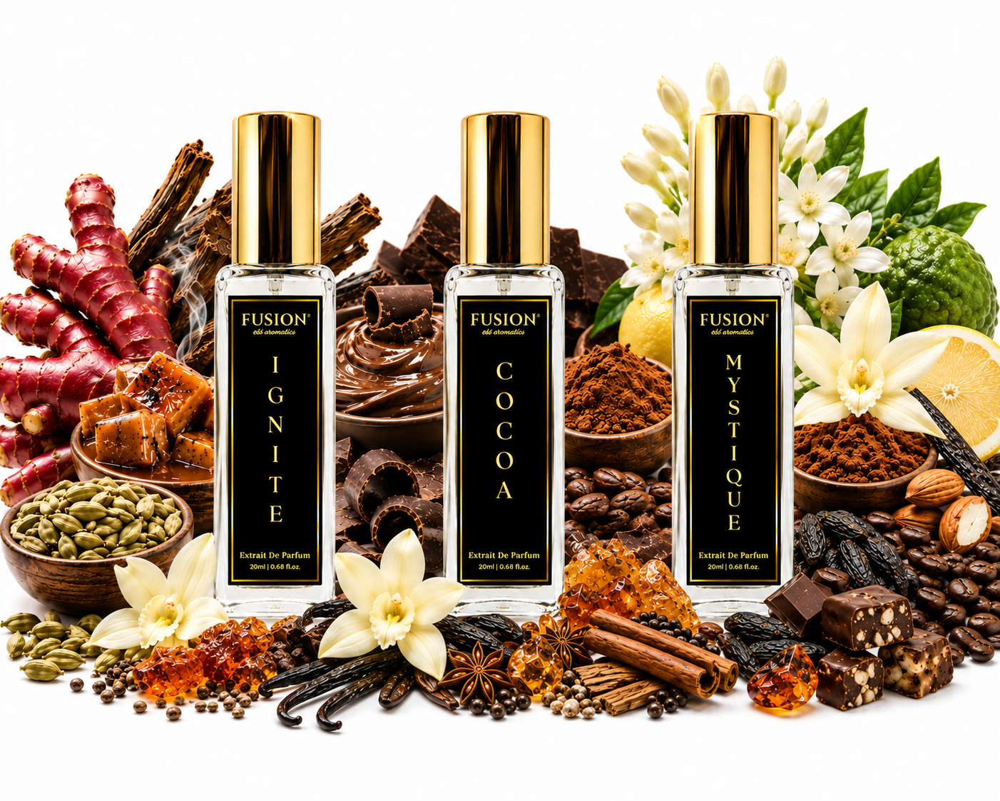 fusion essence midnight trio perfume set for men & women | 3 x 20ml extrait de parfum | warm & seductive long lasting fragrance collection | ignite, cocoa & mystique fusion essence midnight trio perfume set for men & women | 3 x 20ml extrait de parfum | warm & seductive long lasting fragrance collection | ignite, cocoa & mystique