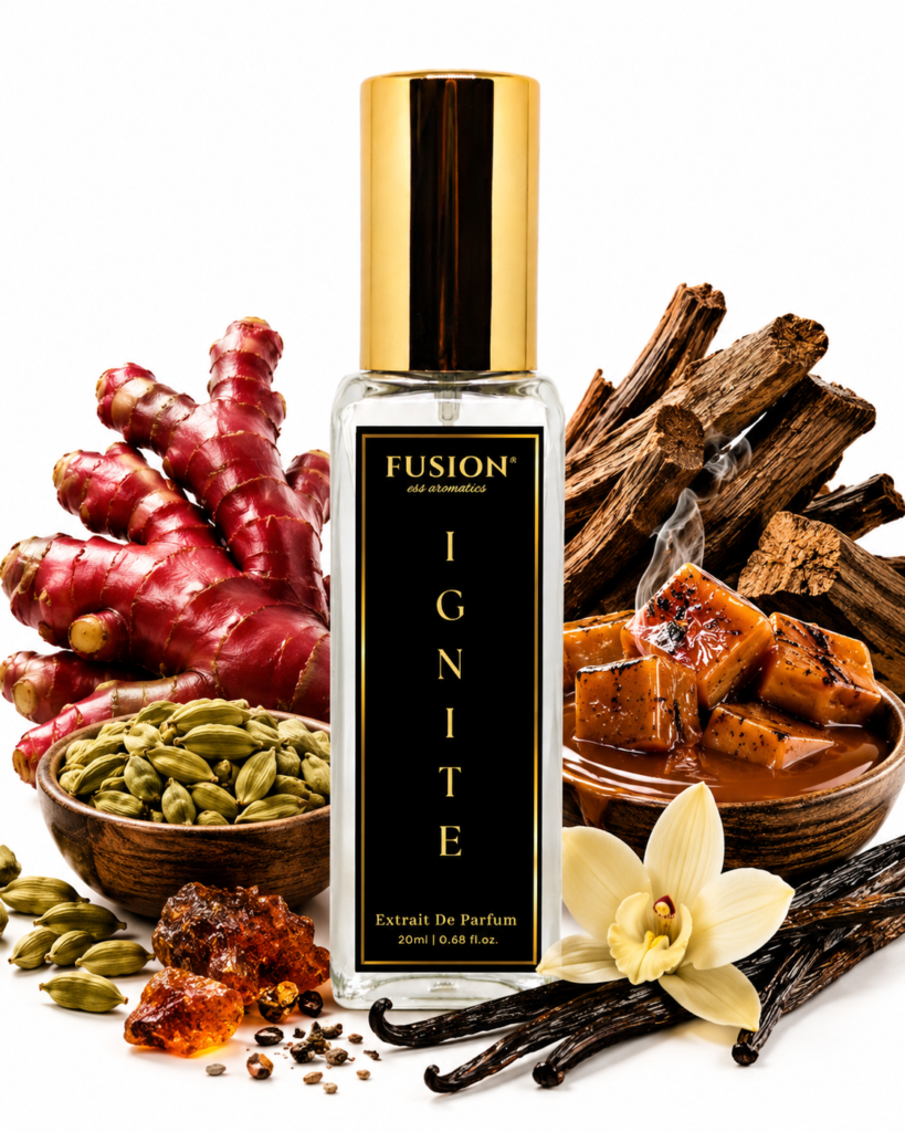 fusion essence ignite extrait de parfum unisex | long lasting oriental gourmand fragrance | red ginger, cardamom, burning toffee, bourbon vanilla & amberwood notes