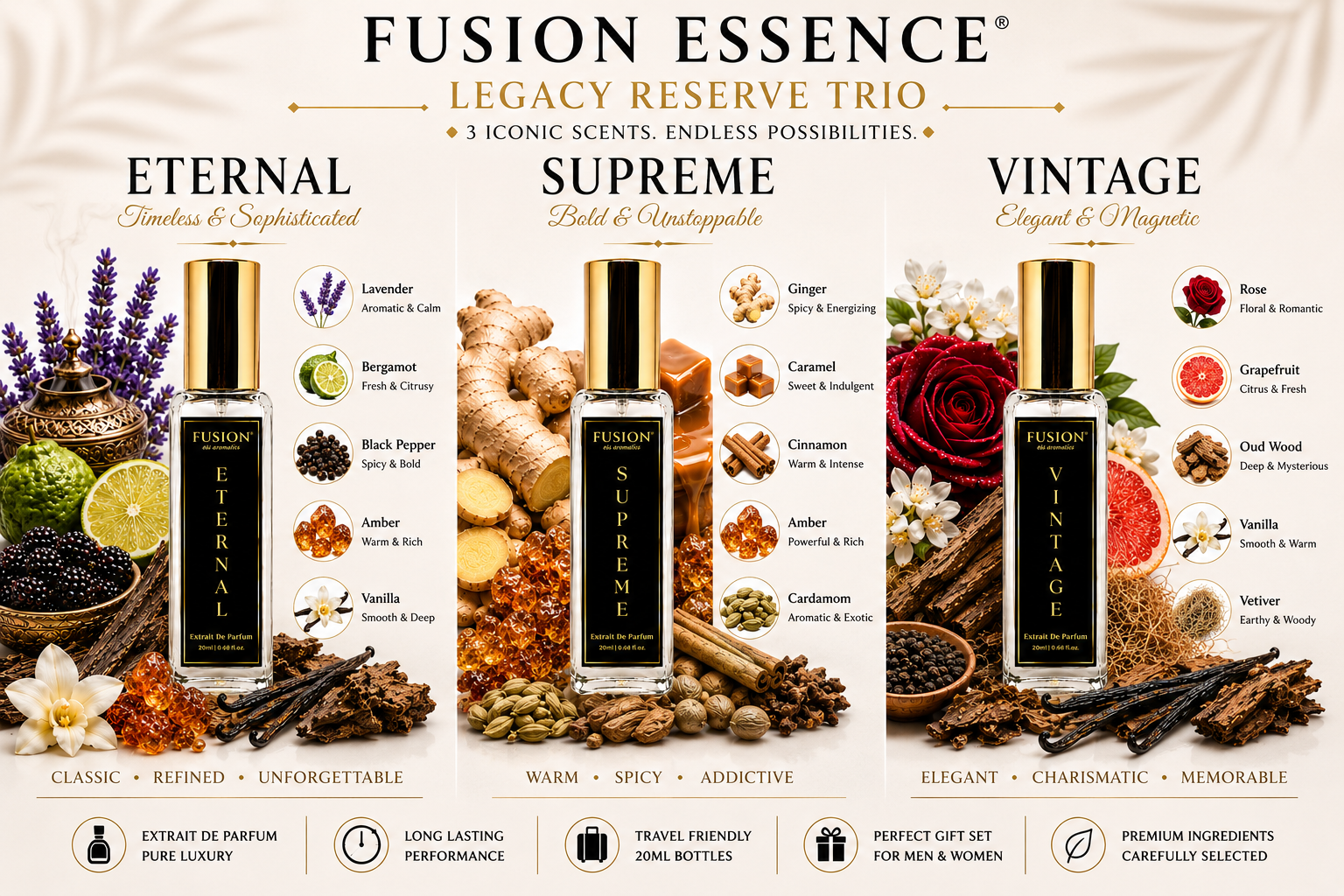fusion essence legacy reserve trio perfume set for men & women | 3 x 20ml extrait de parfum | long lasting luxury fragrance gift collection | eternal, vintage & supreme fusion essence legacy reserve trio perfume set for men & women | 3 x 20ml extrait de parfum | long lasting luxury fragrance gift collection | eternal, vintage & supreme