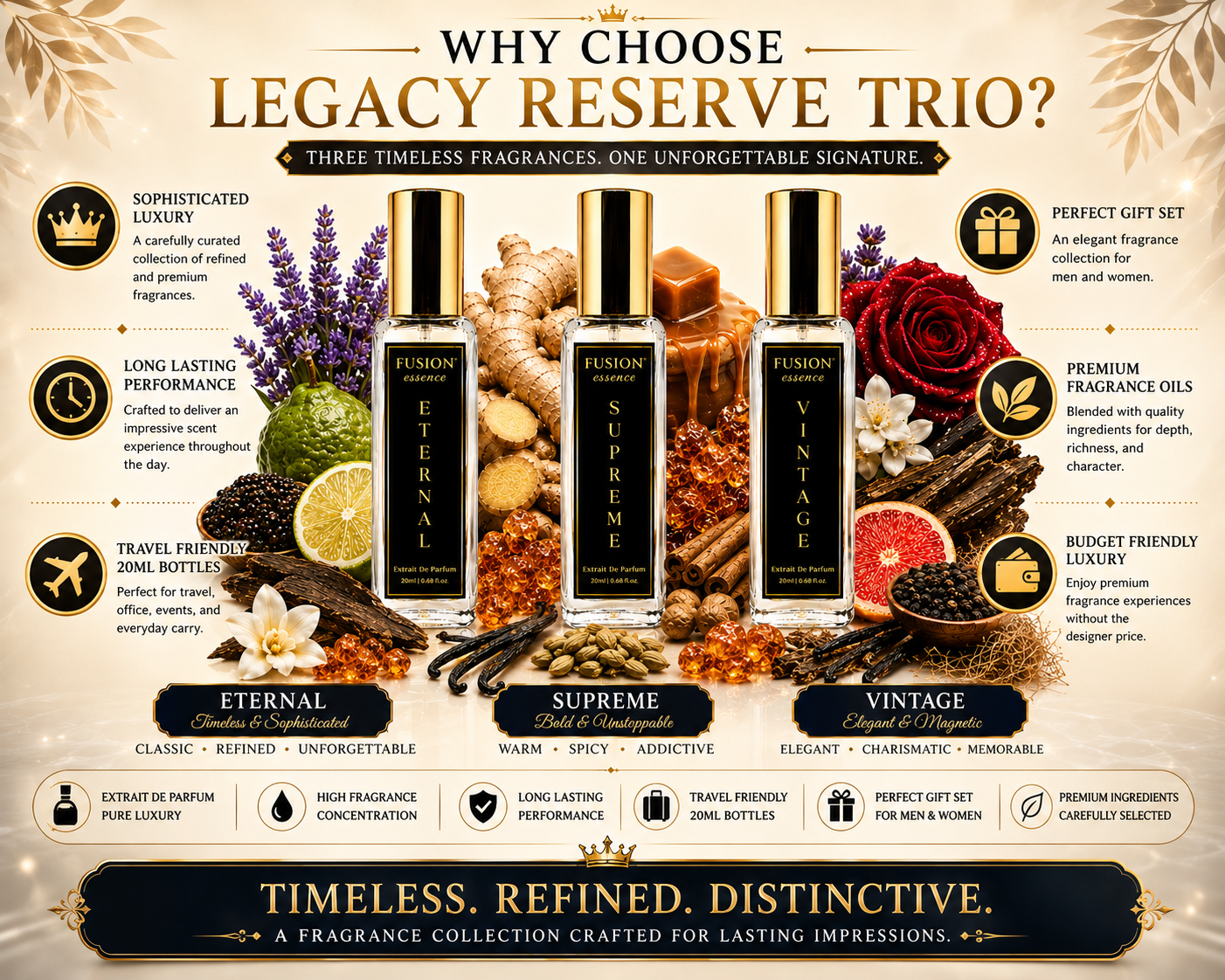 fusion essence legacy reserve trio perfume set for men & women | 3 x 20ml extrait de parfum | long lasting luxury fragrance gift collection | eternal, vintage & supreme fusion essence legacy reserve trio perfume set for men & women | 3 x 20ml extrait de parfum | long lasting luxury fragrance gift collection | eternal, vintage & supreme