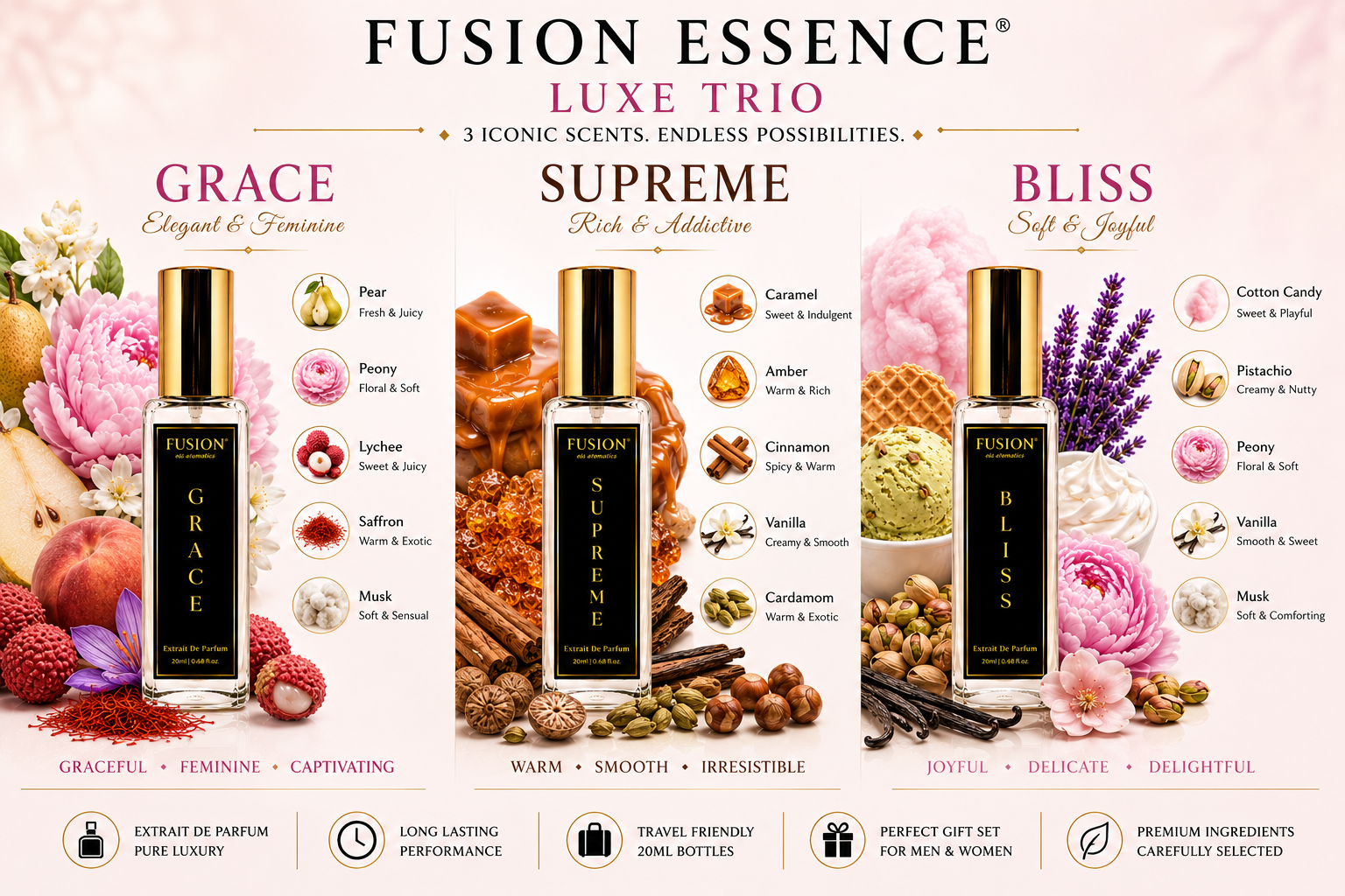 fusion essence luxe trio perfume set for men & women | 3 x 20ml extrait de parfum | premium gourmand & floral fragrance gift collection | grace, supreme & bliss fusion essence luxe trio perfume set for men & women | 3 x 20ml extrait de parfum | premium gourmand & floral fragrance gift collection | grace, supreme & bliss