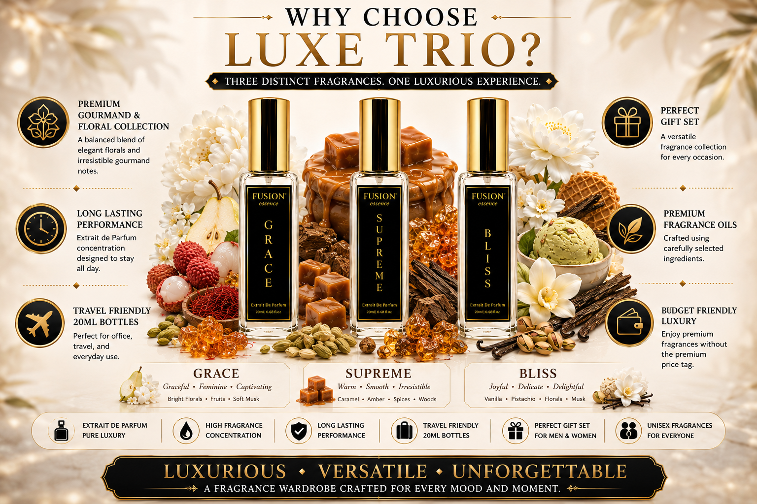 fusion essence luxe trio perfume set for men & women | 3 x 20ml extrait de parfum | premium gourmand & floral fragrance gift collection | grace, supreme & bliss fusion essence luxe trio perfume set for men & women | 3 x 20ml extrait de parfum | premium gourmand & floral fragrance gift collection | grace, supreme & bliss
