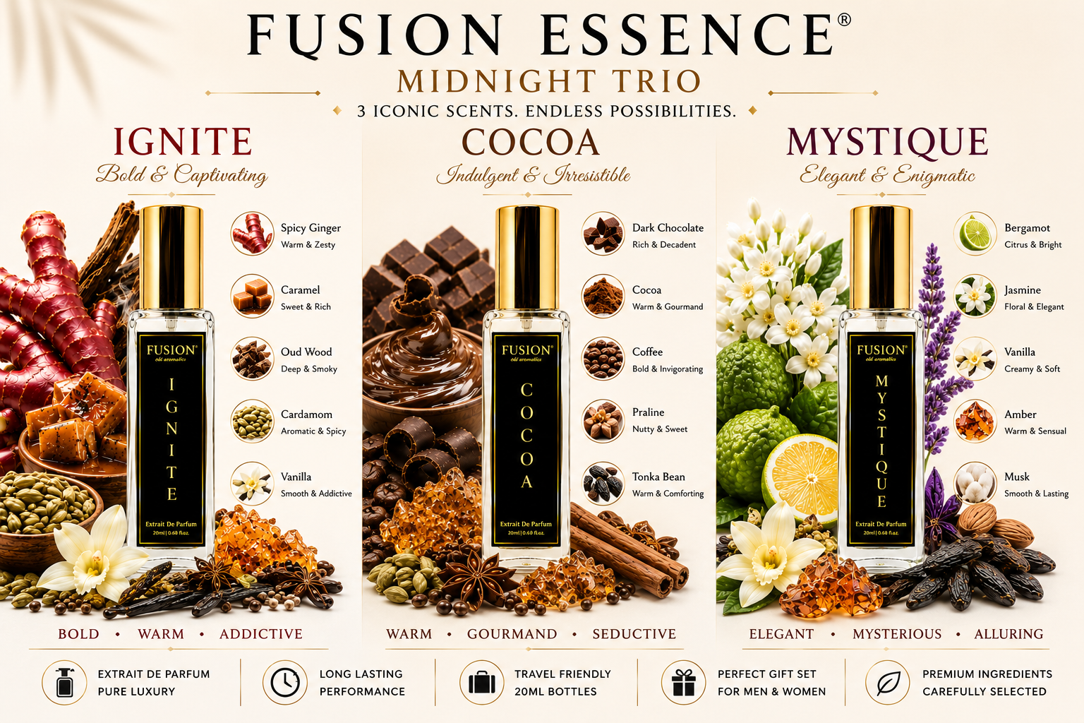 fusion essence midnight trio perfume set for men & women | 3 x 20ml extrait de parfum | warm & seductive long lasting fragrance collection | ignite, cocoa & mystique fusion essence midnight trio perfume set for men & women | 3 x 20ml extrait de parfum | warm & seductive long lasting fragrance collection | ignite, cocoa & mystique