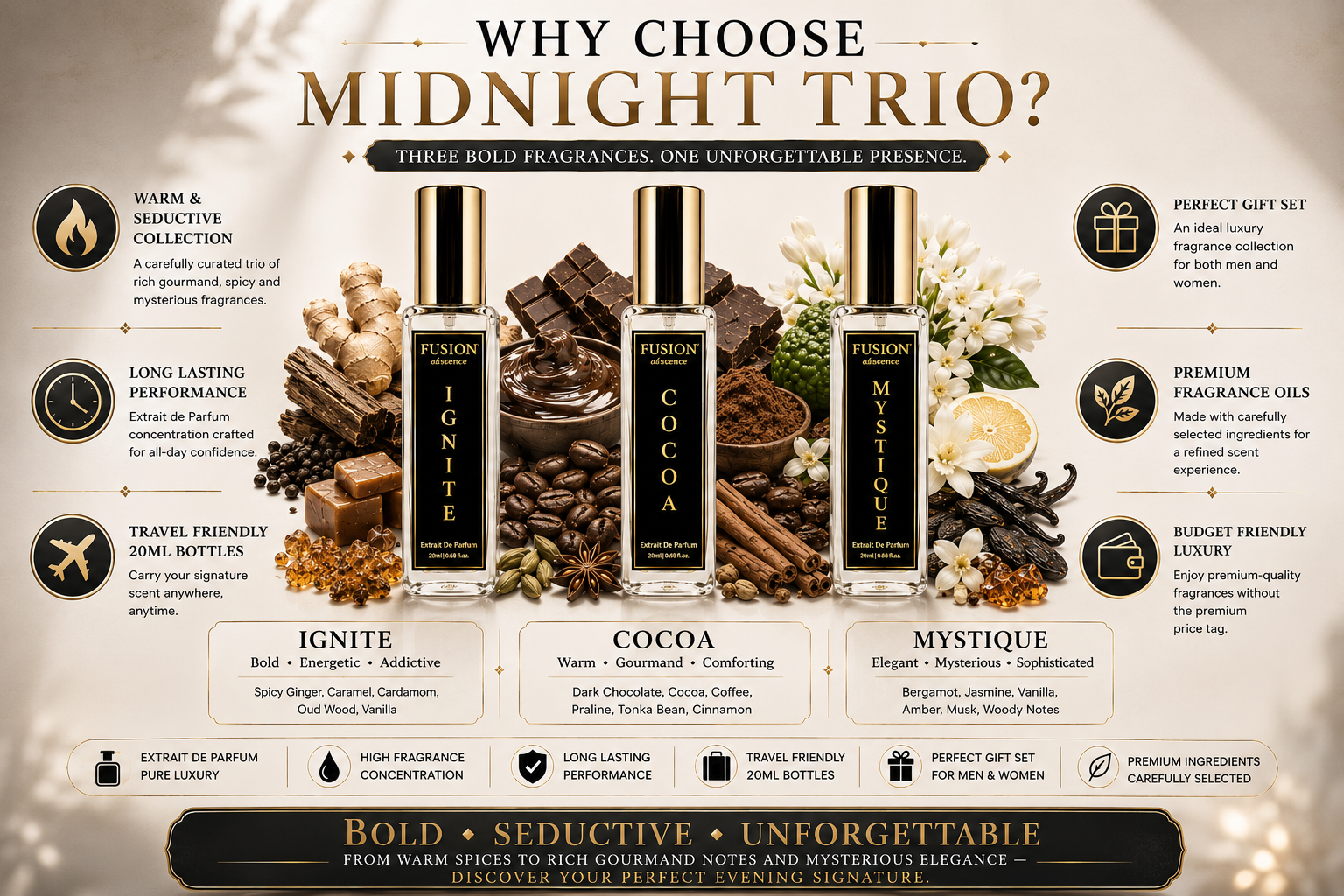 fusion essence midnight trio perfume set for men & women | 3 x 20ml extrait de parfum | warm & seductive long lasting fragrance collection | ignite, cocoa & mystique fusion essence midnight trio perfume set for men & women | 3 x 20ml extrait de parfum | warm & seductive long lasting fragrance collection | ignite, cocoa & mystique