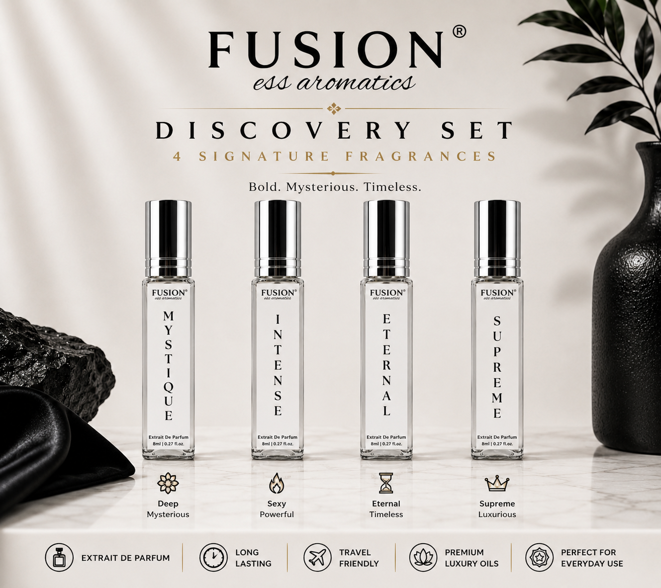 fusion essence dark temptation travel collection | 4 x 8ml extrait de parfum for men & women | long lasting pocket perfume collection fusion essence dark temptation travel collection | 4 x 8ml extrait de parfum for men & women | long lasting pocket perfume collection