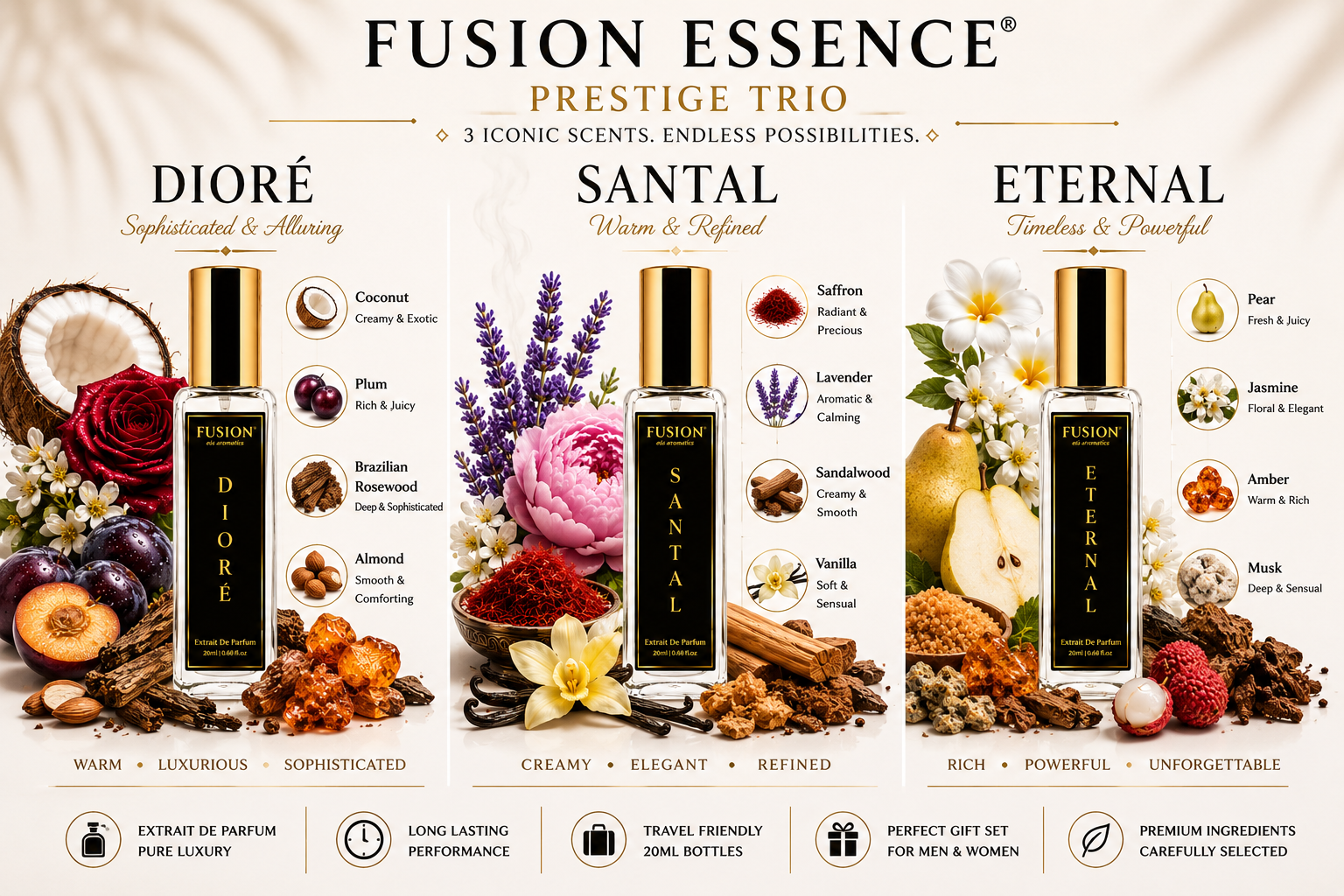 fusion essence prestige trio perfume set for men & women | 3 x 20ml extrait de parfum | long lasting luxury fragrance gift collection | dioré, santal & eternal fusion essence prestige trio perfume set for men & women | 3 x 20ml extrait de parfum | long lasting luxury fragrance gift collection | dioré, santal & eternal