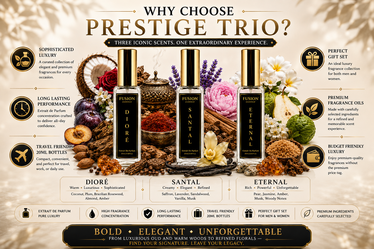 fusion essence prestige trio perfume set for men & women | 3 x 20ml extrait de parfum | long lasting luxury fragrance gift collection | dioré, santal & eternal fusion essence prestige trio perfume set for men & women | 3 x 20ml extrait de parfum | long lasting luxury fragrance gift collection | dioré, santal & eternal