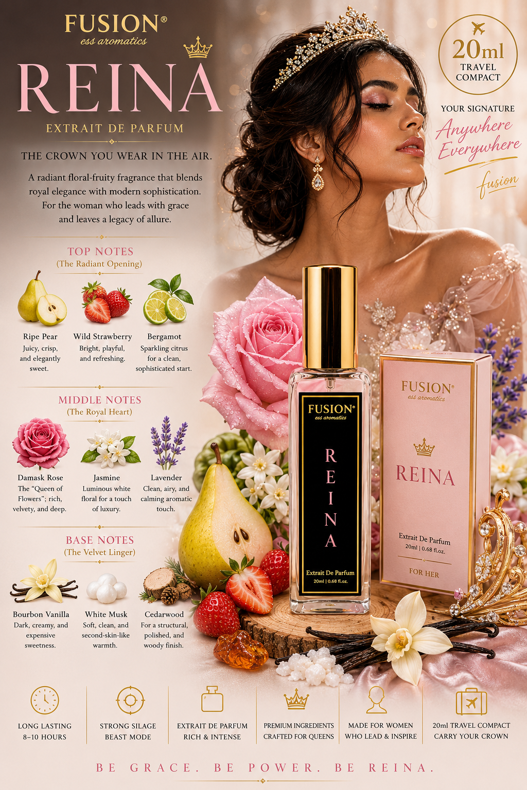 fusion essence reina extrait de parfum for women | long lasting floral fruity fragrance | pear, strawberry, damask rose, bourbon vanilla & white musk notes fusion essence reina extrait de parfum for women | long lasting floral fruity fragrance | pear, strawberry, damask rose, bourbon vanilla & white musk notes