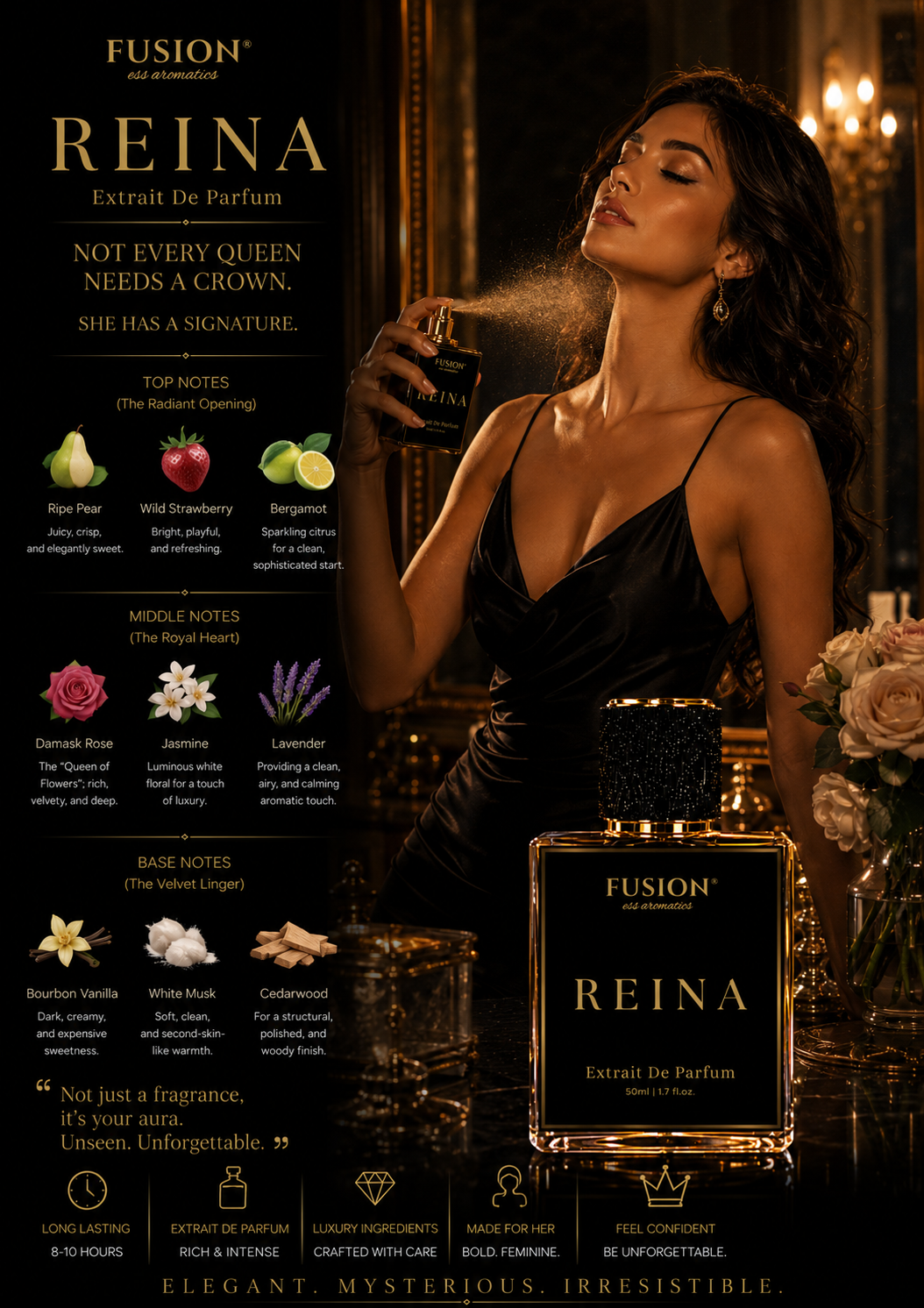 fusion essence reina extrait de parfum for women | long lasting floral fruity fragrance | pear, strawberry, damask rose, bourbon vanilla & white musk notes fusion essence reina extrait de parfum for women | long lasting floral fruity fragrance | pear, strawberry, damask rose, bourbon vanilla & white musk notes