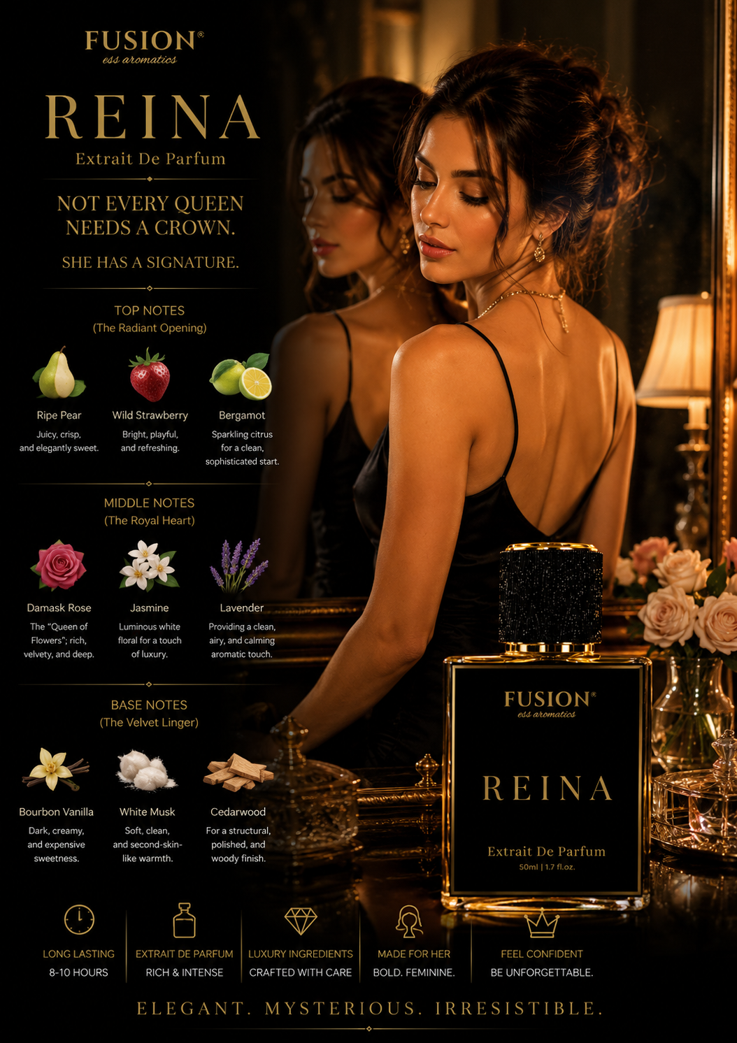 fusion essence reina extrait de parfum for women | long lasting floral fruity fragrance | pear, strawberry, damask rose, bourbon vanilla & white musk notes fusion essence reina extrait de parfum for women | long lasting floral fruity fragrance | pear, strawberry, damask rose, bourbon vanilla & white musk notes