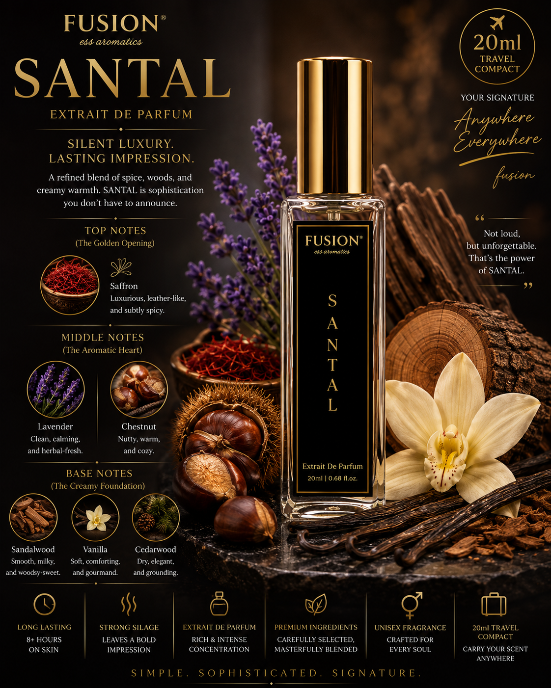 fusion essence santal extrait de parfum unisex | long lasting woody oriental fragrance | saffron, lavender, sandalwood, vanilla & cedarwood notes fusion essence santal extrait de parfum unisex | long lasting woody oriental fragrance | saffron, lavender, sandalwood, vanilla & cedarwood notes