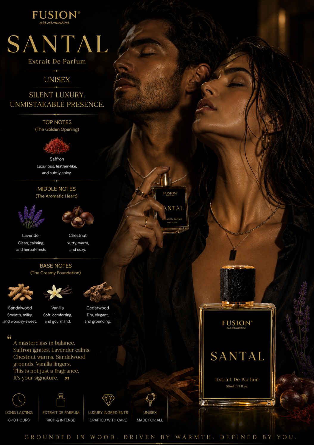fusion essence santal extrait de parfum unisex | long lasting woody oriental fragrance | saffron, lavender, sandalwood, vanilla & cedarwood notes fusion essence santal extrait de parfum unisex | long lasting woody oriental fragrance | saffron, lavender, sandalwood, vanilla & cedarwood notes
