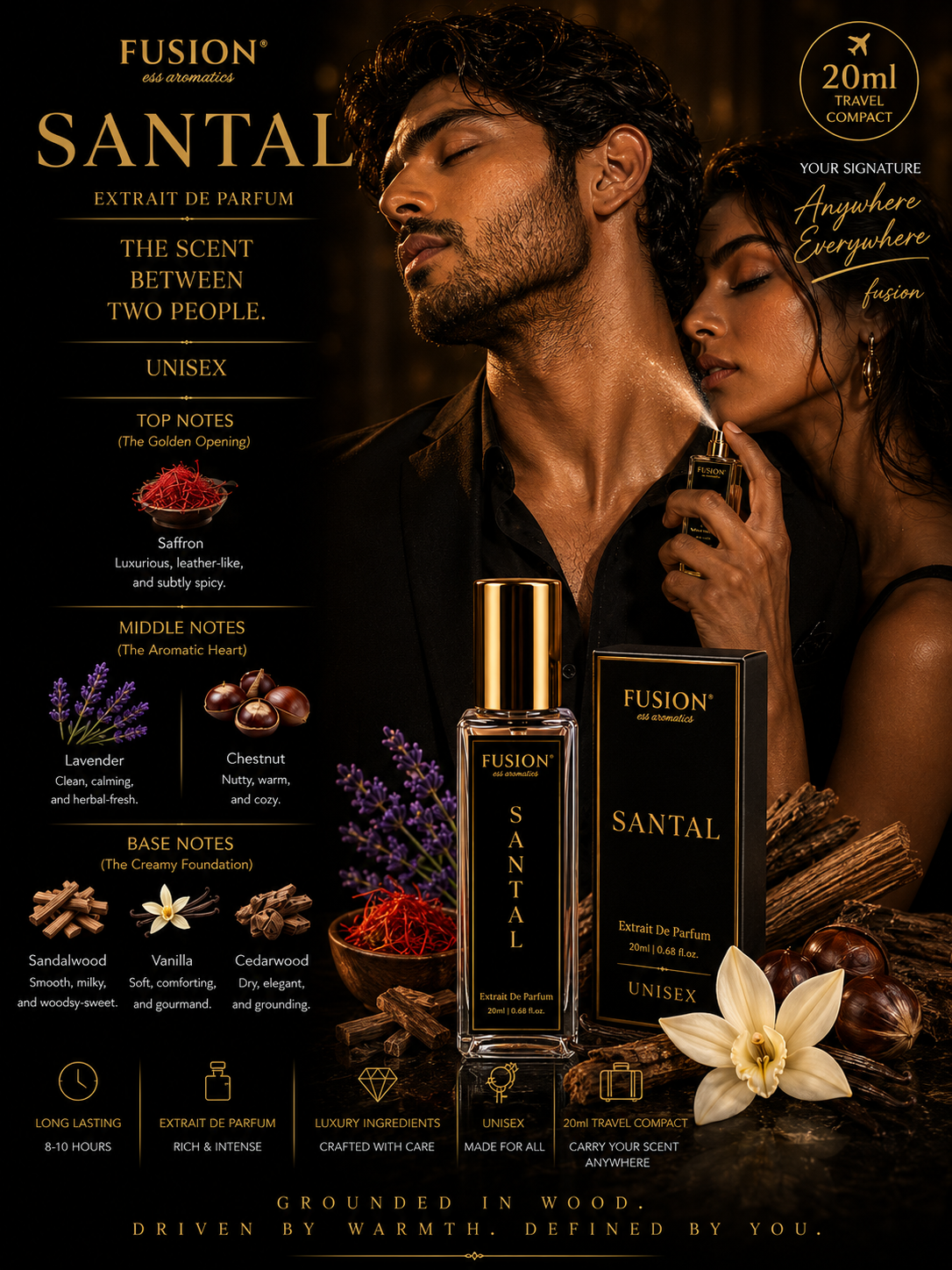 fusion essence santal extrait de parfum unisex | long lasting woody oriental fragrance | saffron, lavender, sandalwood, vanilla & cedarwood notes fusion essence santal extrait de parfum unisex | long lasting woody oriental fragrance | saffron, lavender, sandalwood, vanilla & cedarwood notes