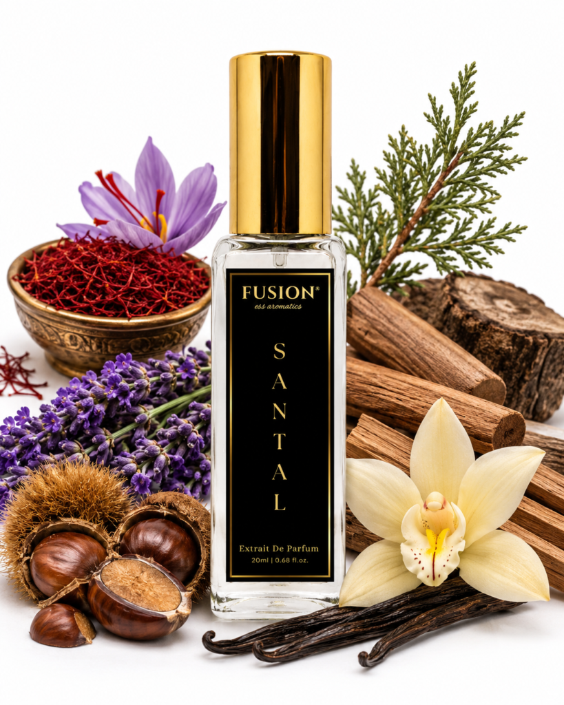 fusion essence santal extrait de parfum unisex | long lasting woody oriental fragrance | saffron, lavender, sandalwood, vanilla & cedarwood notes