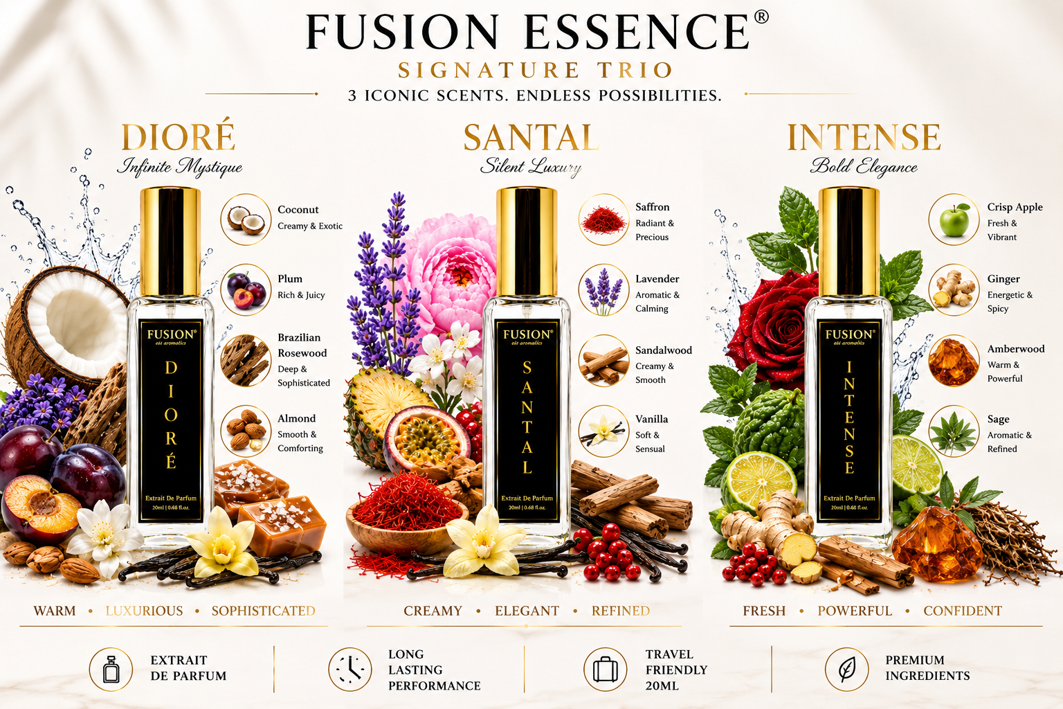 fusion essence signature trio perfume set for men & women | 3 x 20ml extrait de parfum | long lasting luxury fragrance gift collection | dioré, santal & intense fusion essence signature trio perfume set for men & women | 3 x 20ml extrait de parfum | long lasting luxury fragrance gift collection | dioré, santal & intense