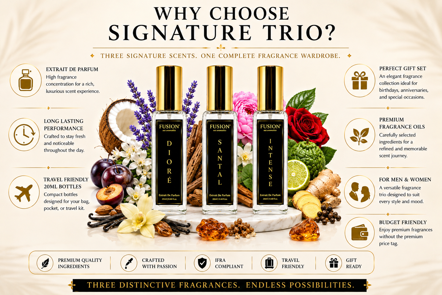 fusion essence signature trio perfume set for men & women | 3 x 20ml extrait de parfum | long lasting luxury fragrance gift collection | dioré, santal & intense fusion essence signature trio perfume set for men & women | 3 x 20ml extrait de parfum | long lasting luxury fragrance gift collection | dioré, santal & intense