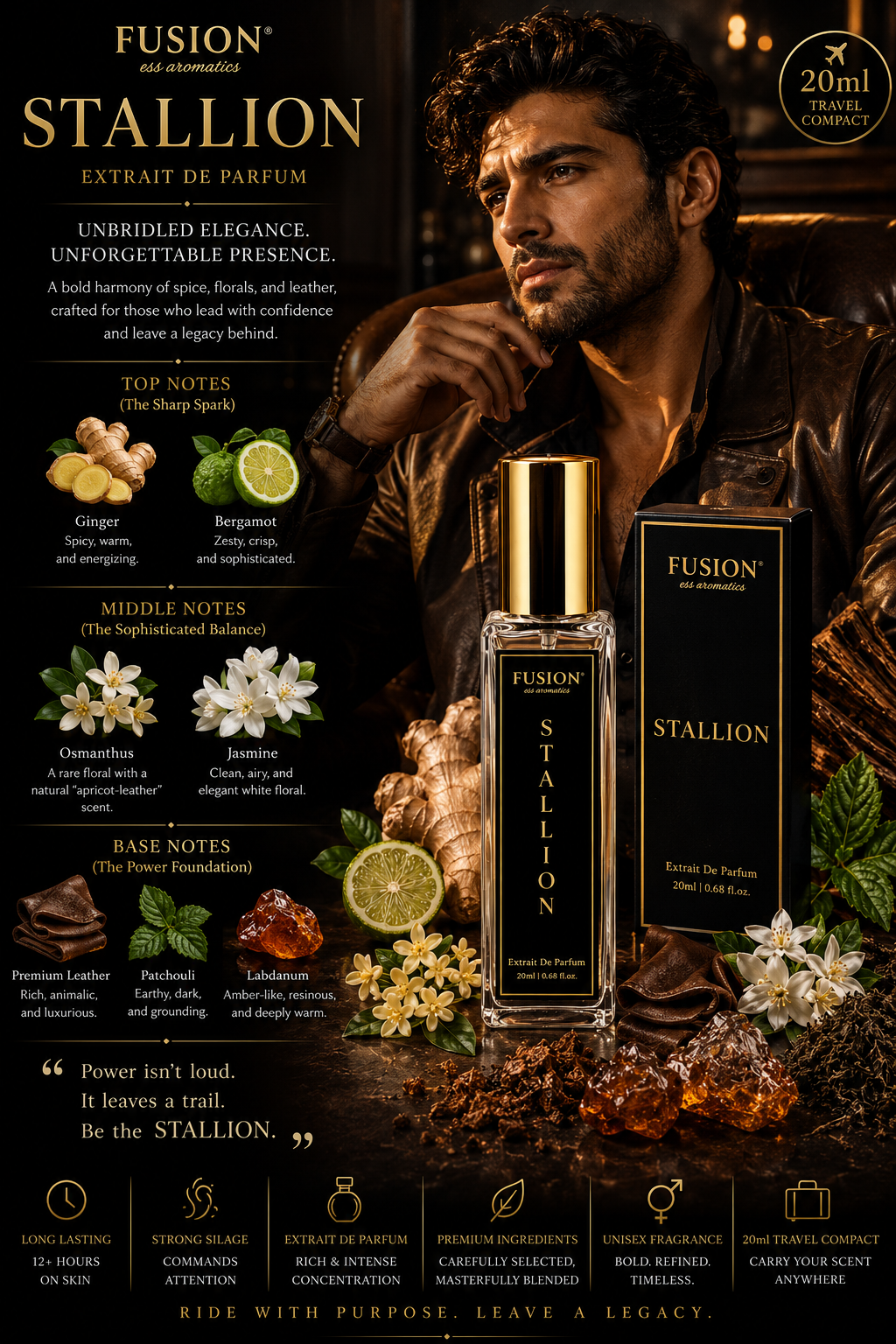 fusion essence stallion extrait de parfum for men | long lasting leather woody fragrance | ginger, bergamot, osmanthus, leather & patchouli notes fusion essence stallion extrait de parfum for men | long lasting leather woody fragrance | ginger, bergamot, osmanthus, leather & patchouli notes