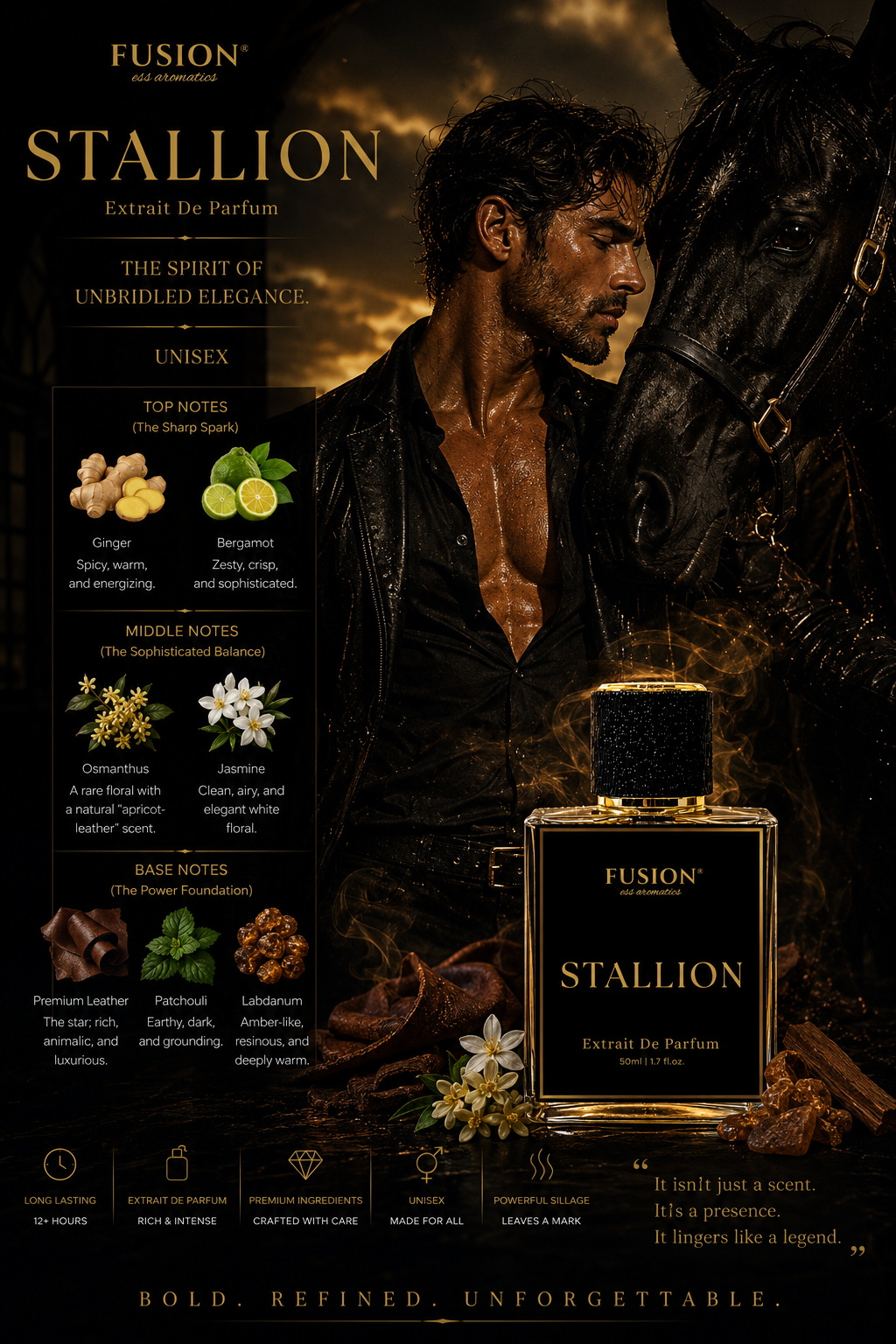 fusion essence stallion extrait de parfum for men | long lasting leather woody fragrance | ginger, bergamot, osmanthus, leather & patchouli notes fusion essence stallion extrait de parfum for men | long lasting leather woody fragrance | ginger, bergamot, osmanthus, leather & patchouli notes