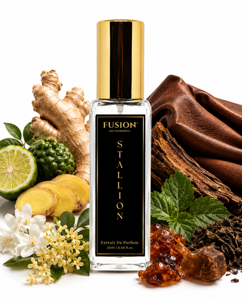 fusion essence stallion extrait de parfum for men | long lasting leather woody fragrance | ginger, bergamot, osmanthus, leather & patchouli notes