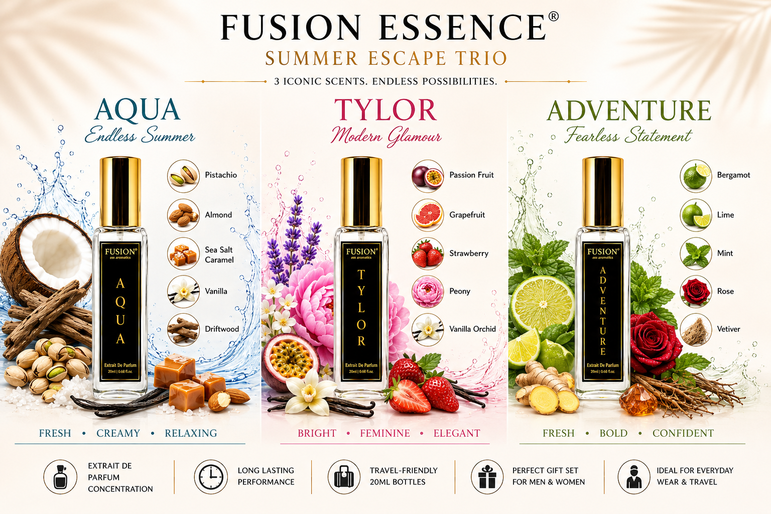 fusion essence summer escape trio perfume set for men & women | 3 x 20ml extrait de parfum | fresh & long lasting everyday fragrance collection | aqua, tylor & adventure fusion essence summer escape trio perfume set for men & women | 3 x 20ml extrait de parfum | fresh & long lasting everyday fragrance collection | aqua, tylor & adventure