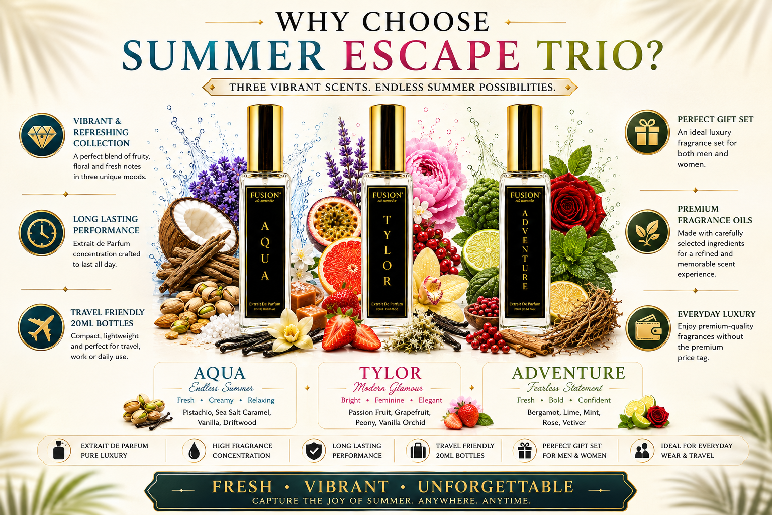 fusion essence summer escape trio perfume set for men & women | 3 x 20ml extrait de parfum | fresh & long lasting everyday fragrance collection | aqua, tylor & adventure fusion essence summer escape trio perfume set for men & women | 3 x 20ml extrait de parfum | fresh & long lasting everyday fragrance collection | aqua, tylor & adventure