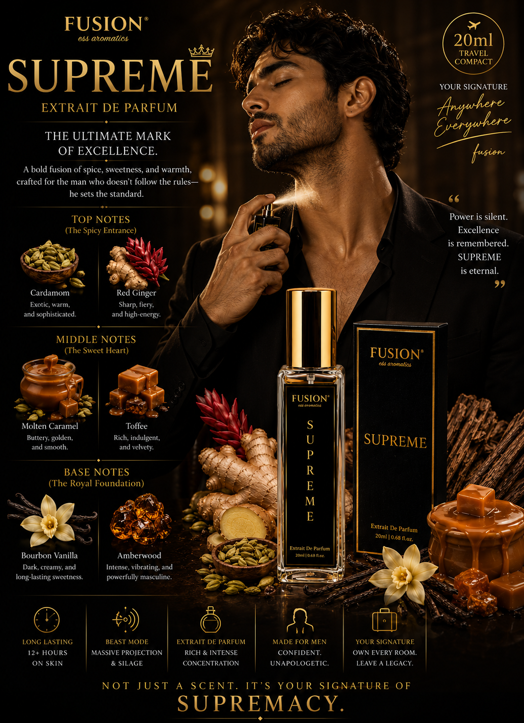 fusion essence supreme extrait de parfum for men | long lasting oriental gourmand fragrance | cardamom, red ginger, caramel, bourbon vanilla & amberwood notes fusion essence supreme extrait de parfum for men | long lasting oriental gourmand fragrance | cardamom, red ginger, caramel, bourbon vanilla & amberwood notes