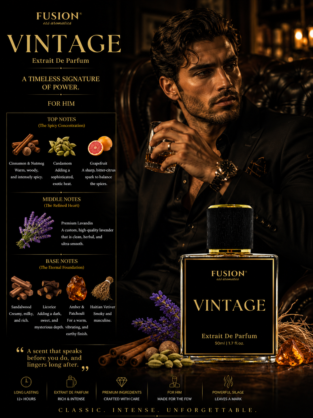 fusion essence vintage extrait de parfum for men | long lasting woody spicy fragrance | cinnamon, cardamom, lavandin, sandalwood & vetiver notes fusion essence vintage extrait de parfum for men | long lasting woody spicy fragrance | cinnamon, cardamom, lavandin, sandalwood & vetiver notes