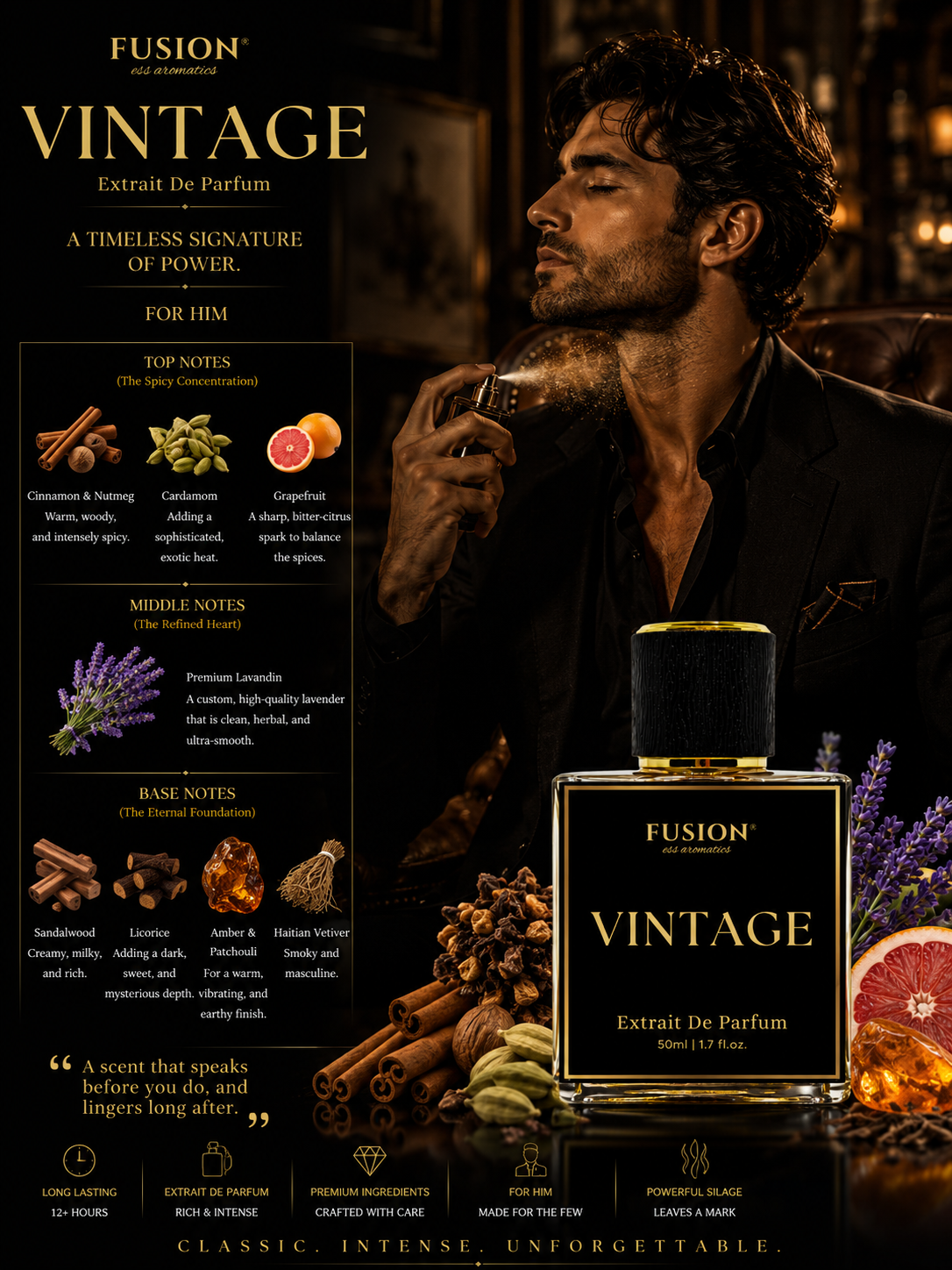 fusion essence vintage extrait de parfum for men | long lasting woody spicy fragrance | cinnamon, cardamom, lavandin, sandalwood & vetiver notes fusion essence vintage extrait de parfum for men | long lasting woody spicy fragrance | cinnamon, cardamom, lavandin, sandalwood & vetiver notes